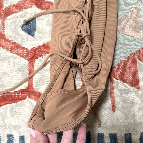 Blue Life Roped Up One Piece Swimsuit in Cacao Tan Lace Up Nude Deep V - Picture 7 of 12